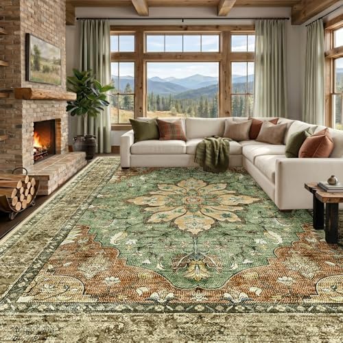 RELEANY Washable Area Rug, Large 9'x12', Brick/Brown/Green