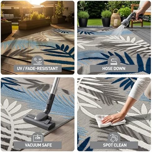 Rugshop Palm Indoor/Outdoor Non-Shedding Deck Patio Area Rug Blue 5' x 7&...