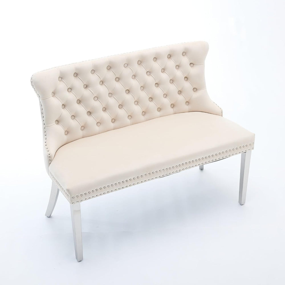 Beige Velvet Dining Bench, Tufted Upholstered Dining Loveseat