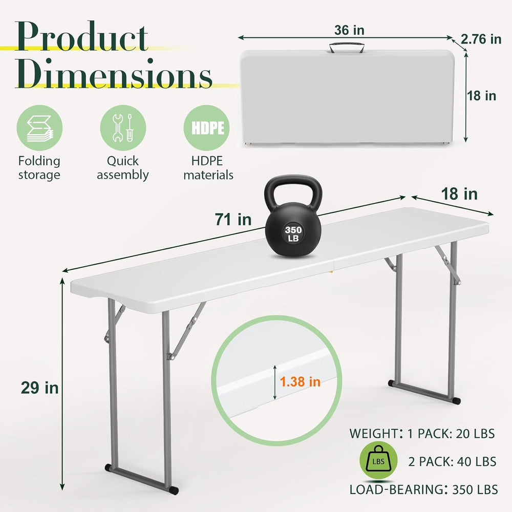 6 ft Narrow Folding Table, Tabletop Fold-in-Half with Handle & Safety Locks