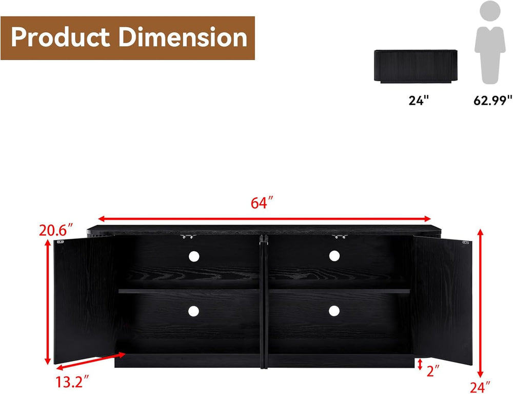 64" Fluted Black Sideboard Cabinet Buffet Cabinet with Storage