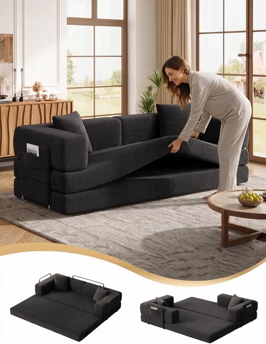 79.5" 5-in-1 Convertible Futon Sofa Bed, Boneless Corduroy, Black