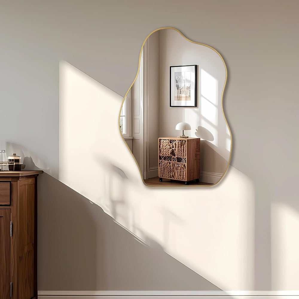 Irregular Asymmetrical Wall Mirror, 28" x 20" Gold Bathroom Mirror