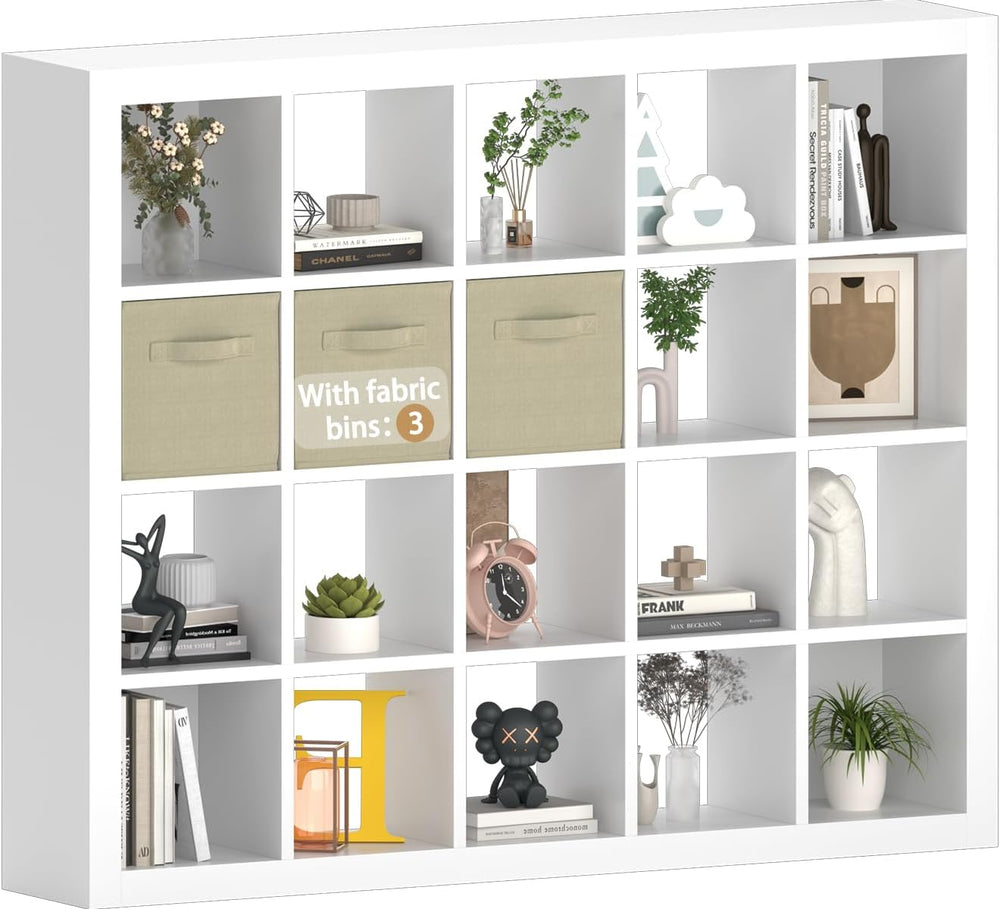 Sturdy Wooden Bookshelf with Storage Bins - 20-Cube Organizer, Multifunctiona...