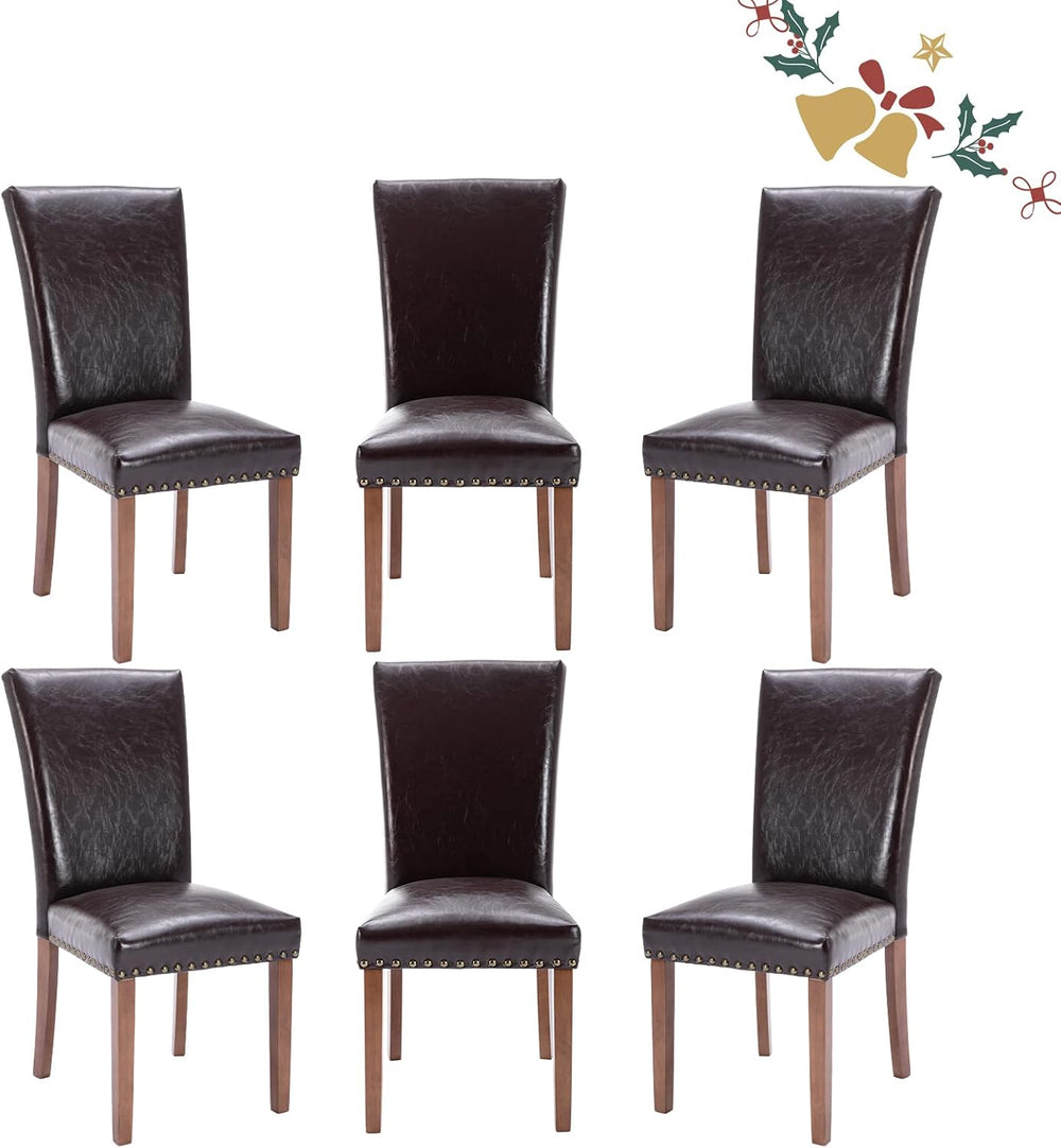 Parsons Dining Chairs Set of 6, Upholstered Nailhead PU Leather Dining Room K...