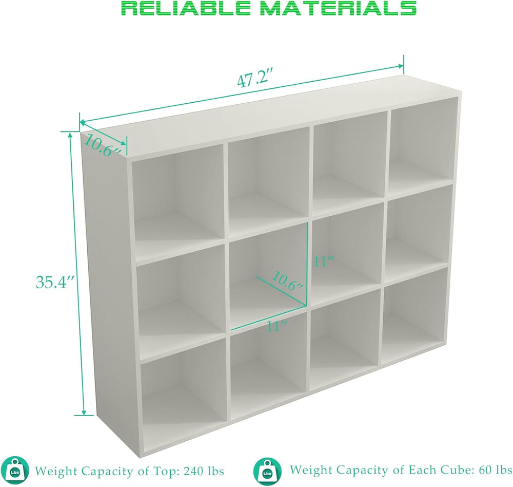 12-Cube Storage Shelf Bookcase - Wooden 3-Tier Floor Standing Open Bookshelf ...