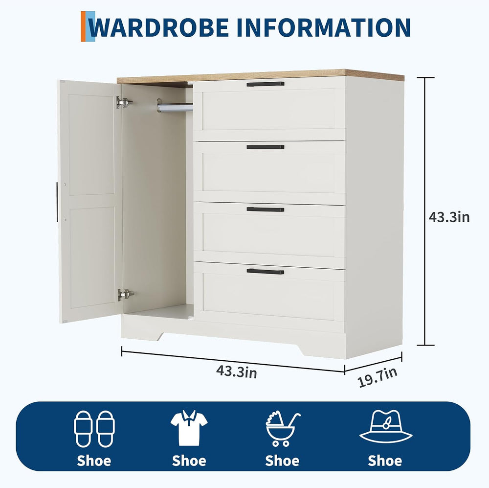 IDEALHOUSE 43.3'' H Armoire Wardrobe Closet with 4 Drawers and Hangin...