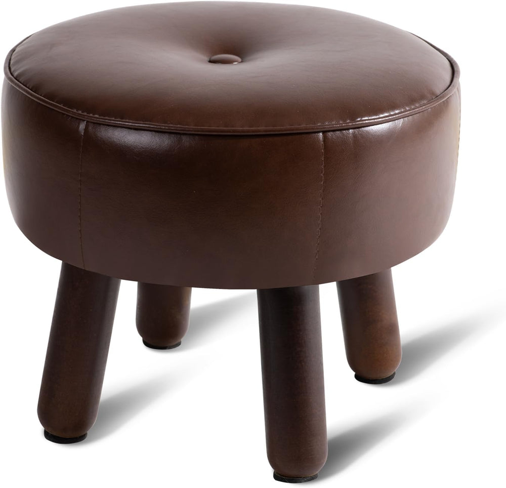 Small 13" Foot Stool Ottoman, Round Pouf Foot Rest, Faux Leather Footsto...