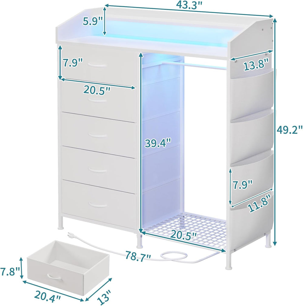 LUMTOK Modern 5 Dresser with LED Hanging Rack, Dresser with Clothes Rack, Han...