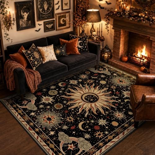 Vacuum-Friendly, 5x7 Washable Area Rug, Black Gold Beige Red