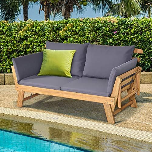 Tangkula Convertible Acacia Wood Patio Sofa Bed with Adjustable Armrest