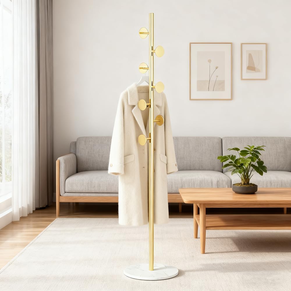 Coat Rack Freestanding with Marble Rock Slab Base, Heavy Duty Sturdy Stable M...