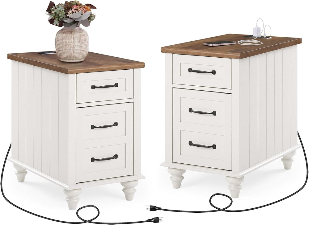 WAMPAT 2 Pack Off White End Table with Charging Station, Wood Side Sofa Table...
