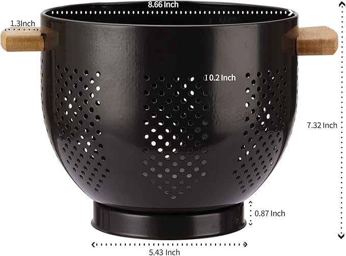Metal Colander with Wood Handle and Stable Base, Powder Coated Steel Kitchen