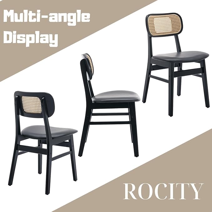 Black Dining Chairs Set of 4 Faux Leather Dining Room Chairs with Rattan Back...