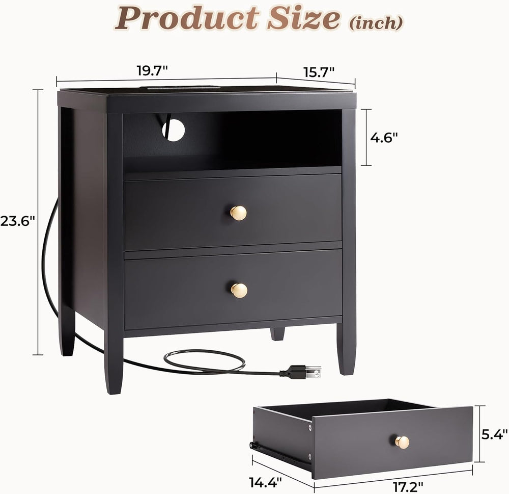 Huuger Nightstand with Charging Station, Black Nightstand with 2 Drawers, Bed...