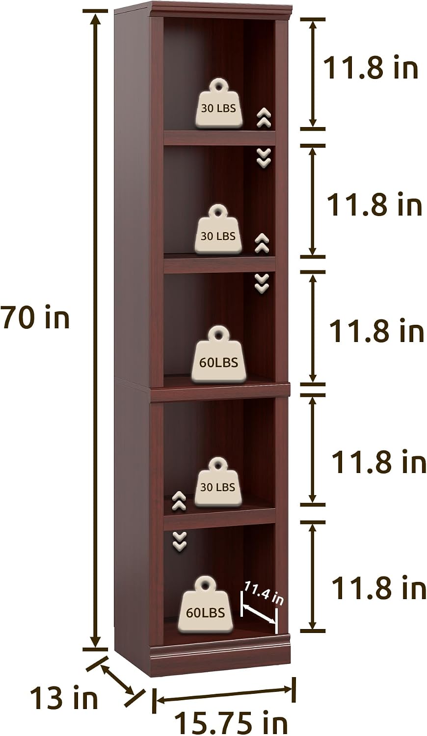 70" Tall Mahogany Bookcase, 5 Tiers Narrow Bookshelf for Living Room | 1...