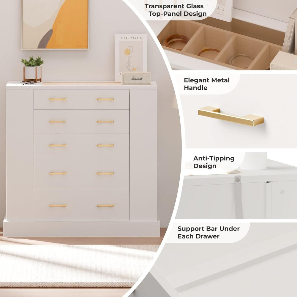 Closet Island with Glass Top, LED Lights and Open Shelves, White