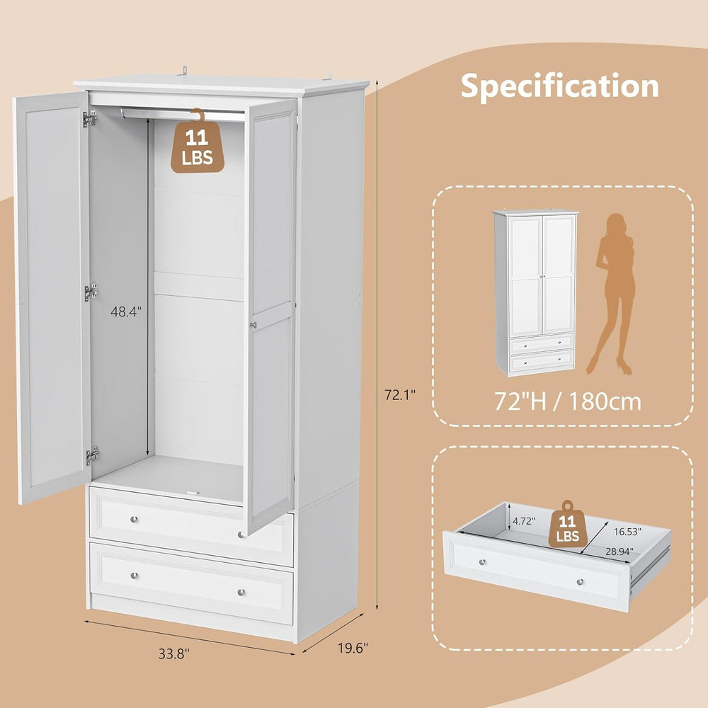 VINGLI 72" Wooden Armoire Wardrobe Closet with 2 Doors and 2 Drawers, White