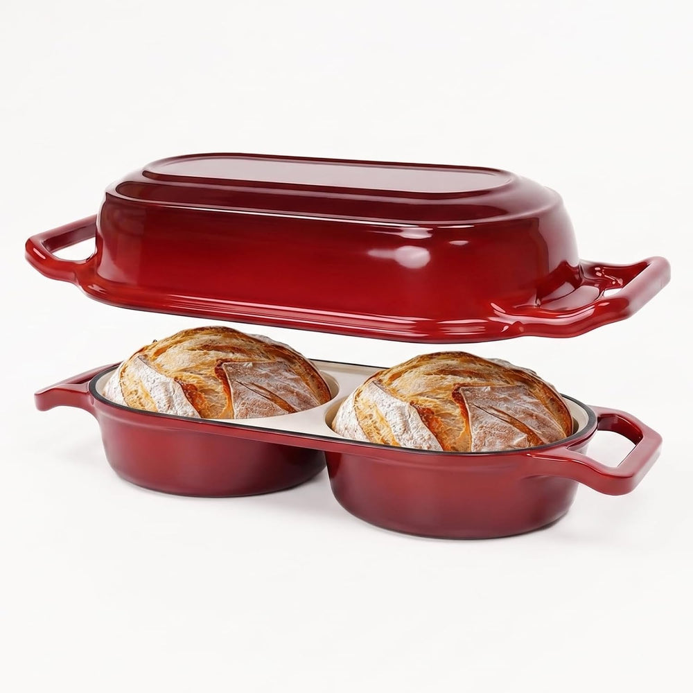 Double Dutch Oven Pot with Lid, Enameled Cast Iron Bread Loaf Pan, Dutch Oven
