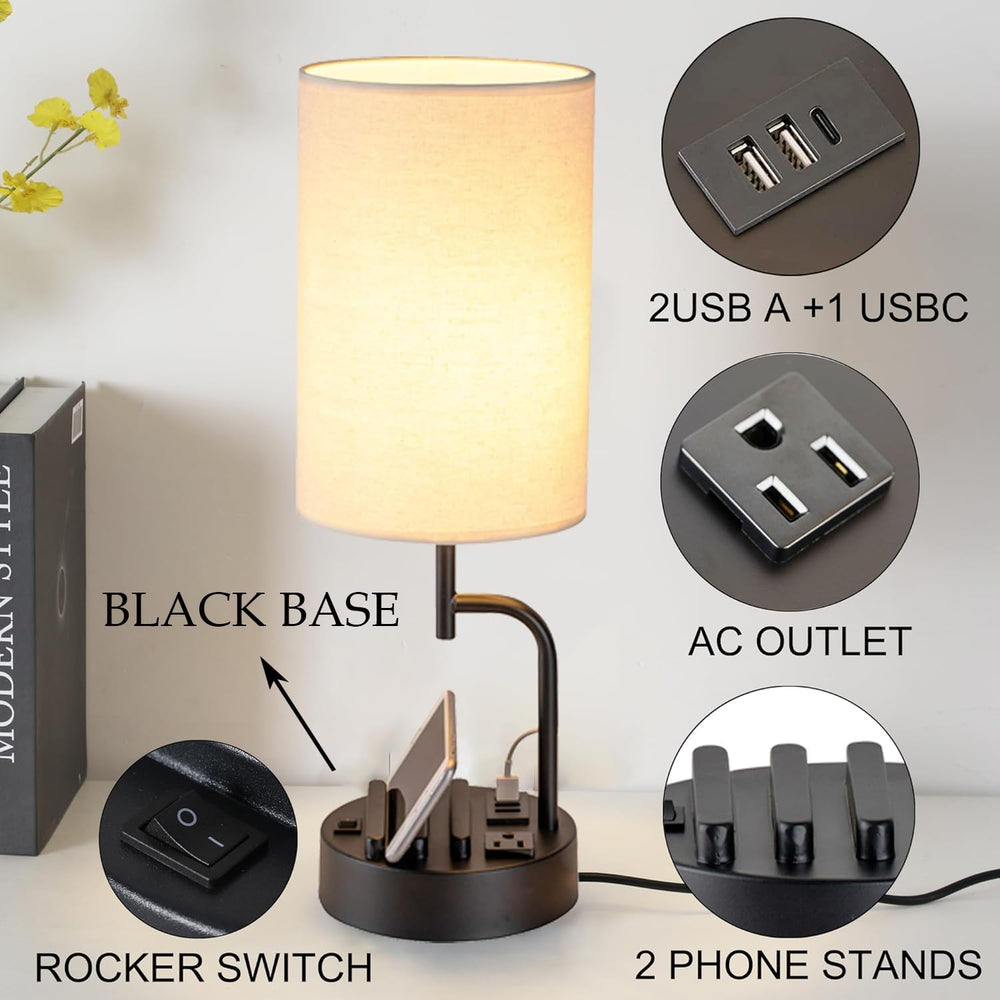 Dreamholder Table Lamp with 3 USB Charging Ports, Modern Desk Lamp with AC Ou...