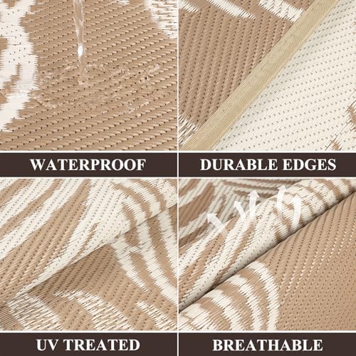 Pauwer Waterproof Outdoor Rug 8x10, Plastic Straw Patio Rug, Leaf Brown