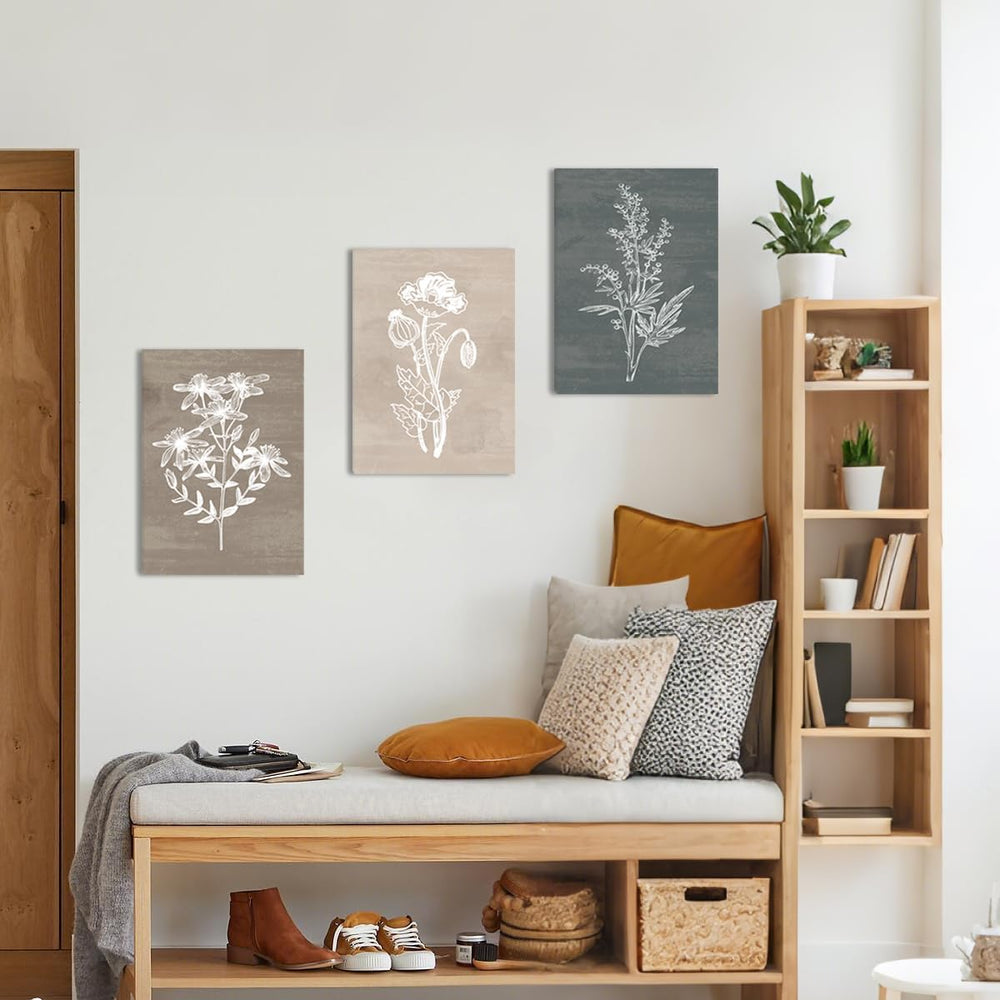 BINCUE Neutral Botanical Canvas Wall Art Simple Plant Wall Decor Rustic Flowe...