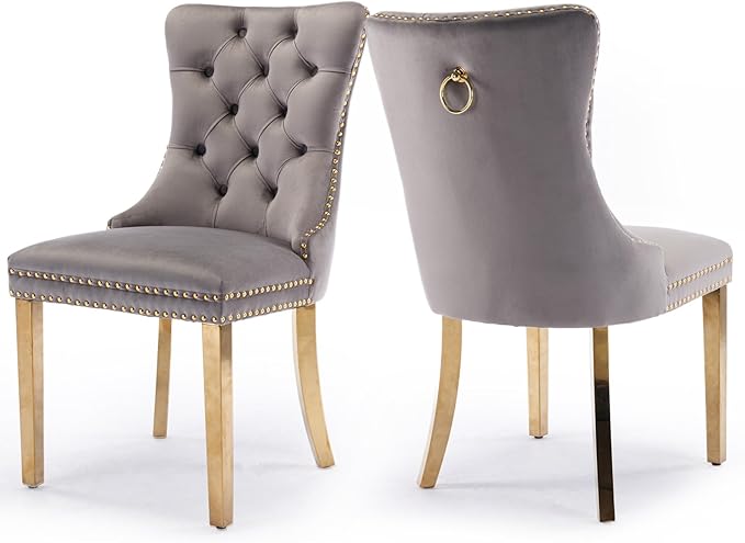 Velvet Upholstered Dining Chairs Set of 2, Modern Style Kitchen Side Chairs w...