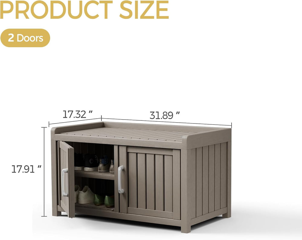 Storage Bench - 2 Doors Waterproof Resin Shoe Bench with Adjustable Shelves -...