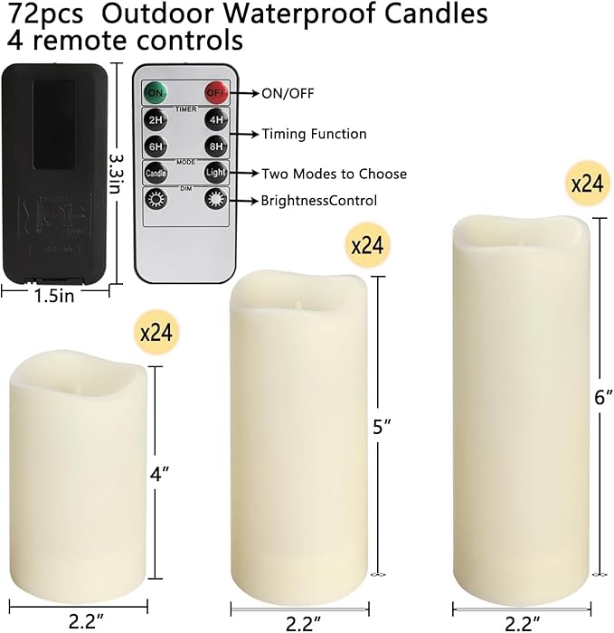 Set of 72 Waterproof Outdoor Flameless Candles, LED Candles with 4 Remote and...