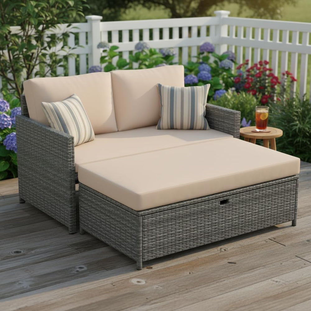 Tangkula Outdoor Rattan Daybed, Wicker Loveseat & 31 Gallon Storage Ottom...