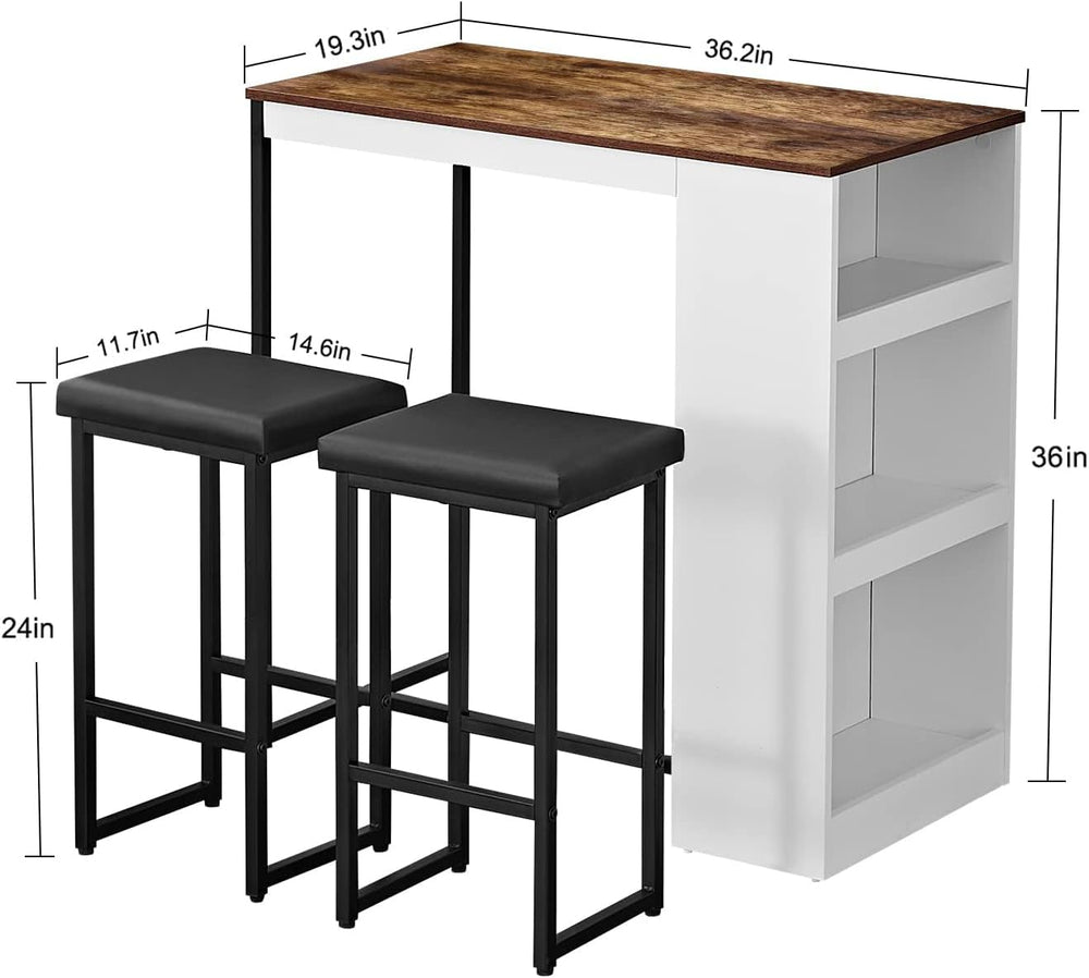 Panana 3 Piece Dining Table Set Kitchen Bar Table with Two Stool Storage Shel...