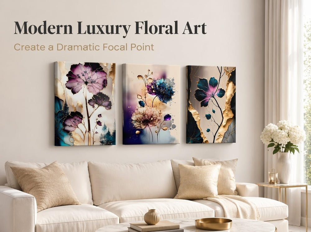 BVVEYKXX Abstract Floral Canvas Wall Art, Purple Gold Fluid Flower Prints