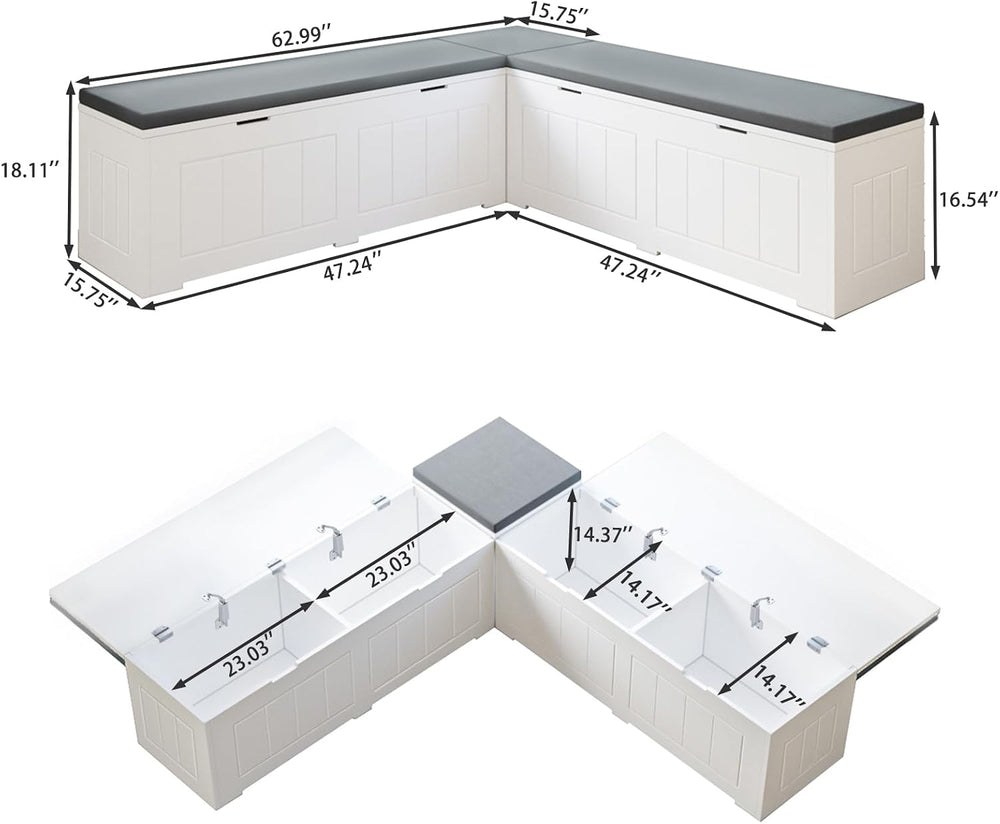 L-Shaped Corner Storage Bench Compartments & Cushioned Seat, Kitchen Brea...