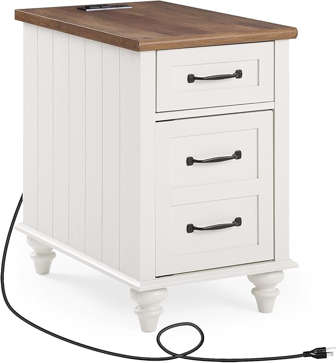 WAMPAT End Table with Charging Station, White Side Table with Storage Cabinet...