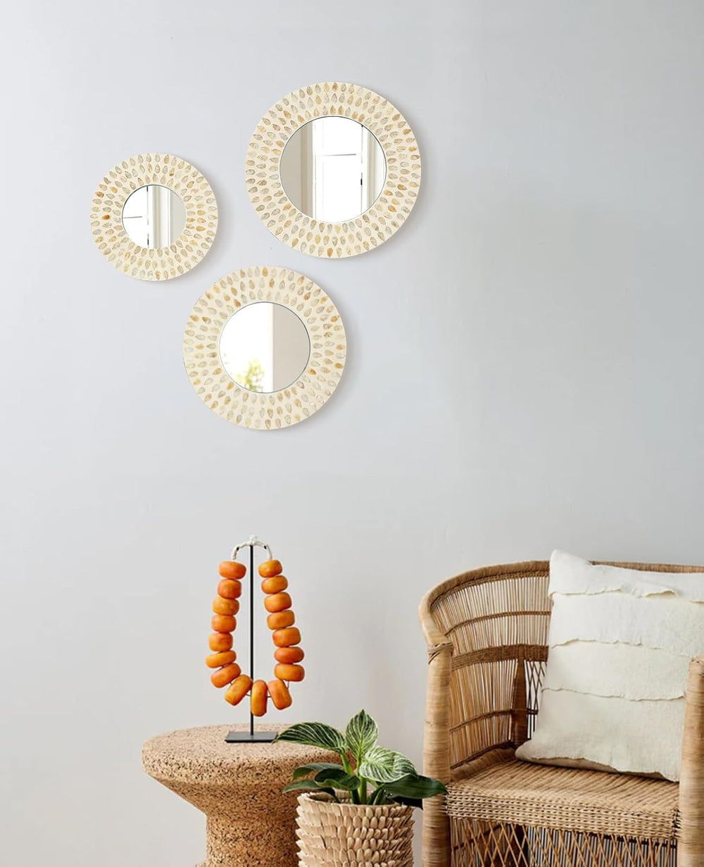 Boho Mirror Wall Decor for Living Room, Natural Mother of Pearl Art
