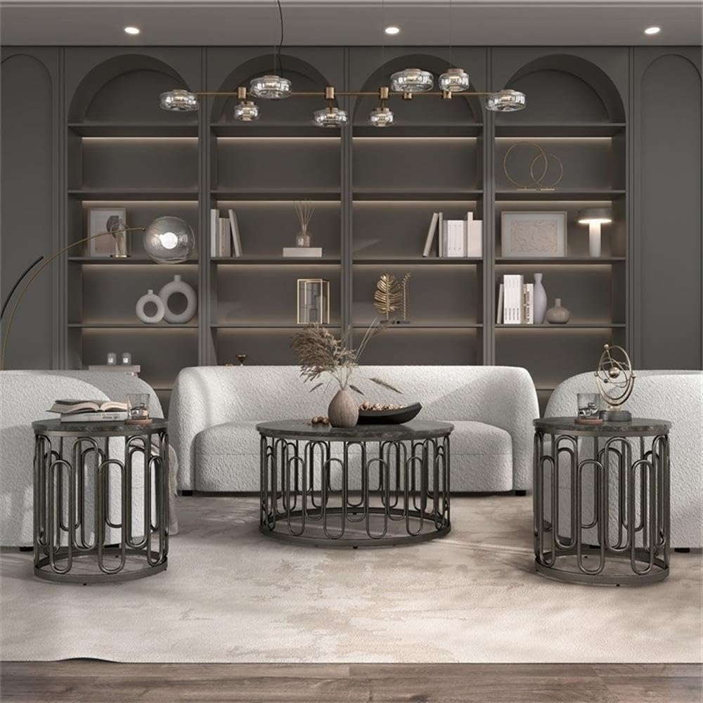 BOWERY HILL 3-Piece Marble and Metal Coffee Table Set in Black Finish, Includ...