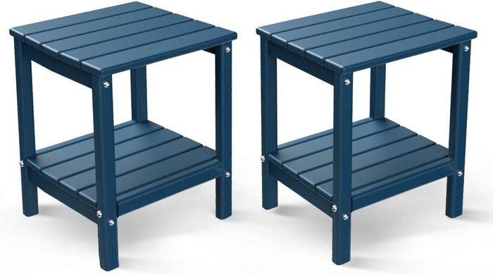 BRIOPAWS Outdoor-Side-Tables | Set of 2 | Small | HDPE Plastic | Patio End-Table | 2-Shelf Adirondack Outside Tables | All Weather | for Poolside Front Porch Indoor Living Room | 14" x 13" | Blue