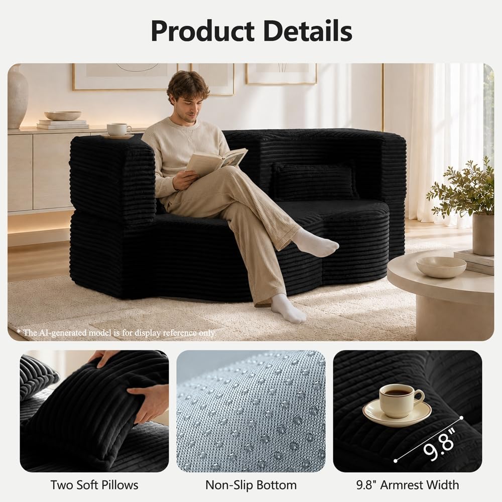 78" Futon Sofa Bed, Full Size Boneless Corduroy Couch Bed (Black)