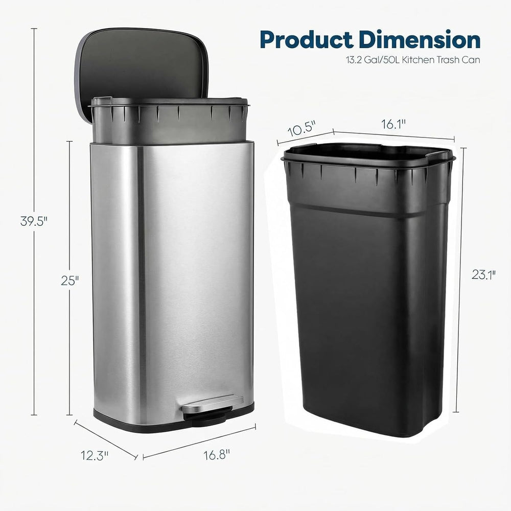 13.2 Gal Kitchen Trash Can, 50L Recycling or Garbage Bin,with Step-On Pedal