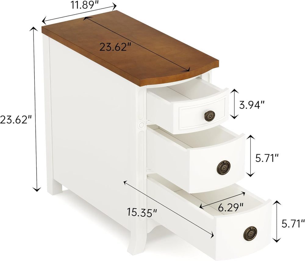Farmhouse Solid Wood End Table, 3-Drawer Narrow Side Table Slim Chair Table f...