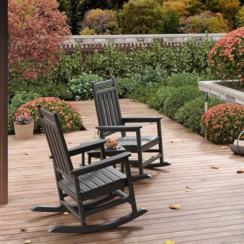 HDPE Rocking Chair Outdoor Set of 2 with Side Table, High Back Rocker