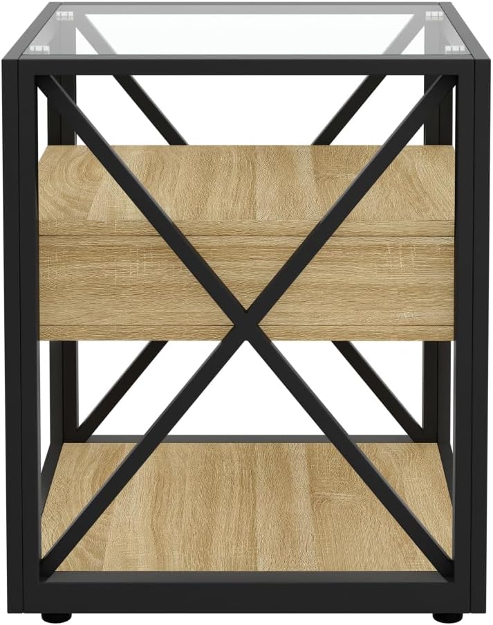 End Table Set of 2, Natural Wood MDF with Tempered Glass Top and Drawer | Ind...