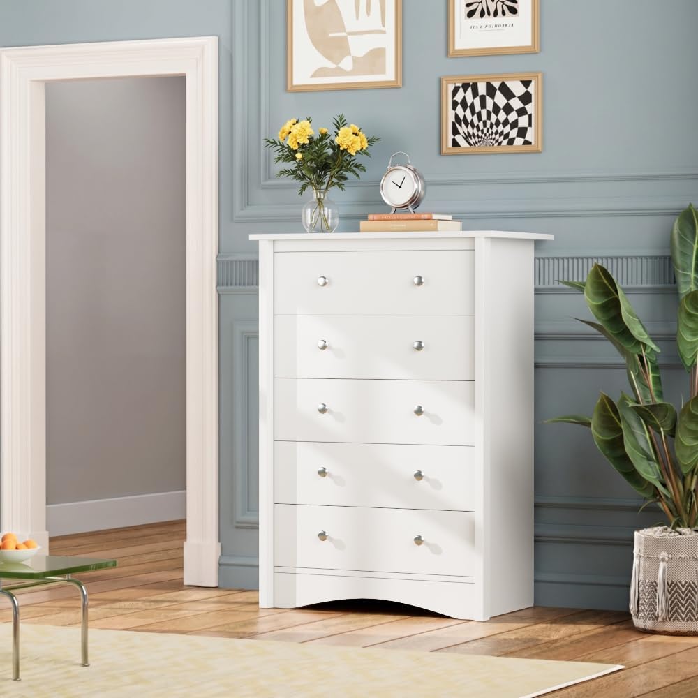 Furmax Tall Dresser, 5 Drawer Dresser for Bedroom, White