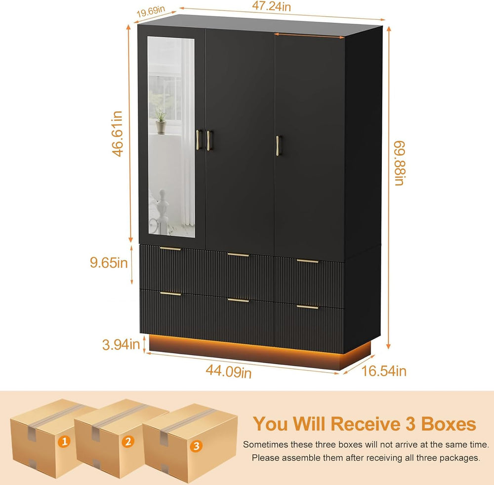 PAKASEPT Armoire Wardrobe Closet with 3 Door, Mirror, LED Lights