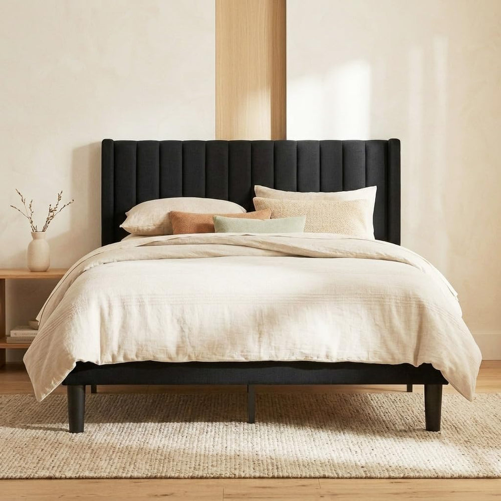 Full Modern Upholstered Platform Bed Frame with Headboard, Black