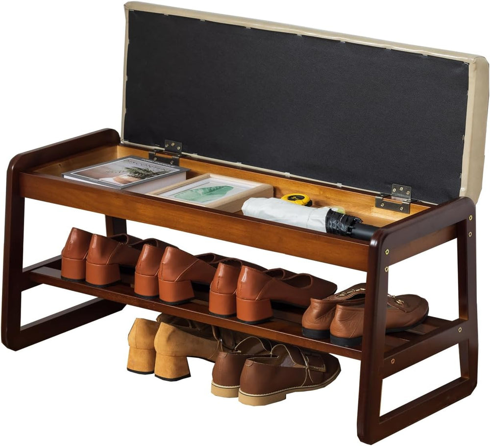 latifolia Solid Wood Bench, Entryway Shoe Bench with Cushion, Flip-Open Stora...
