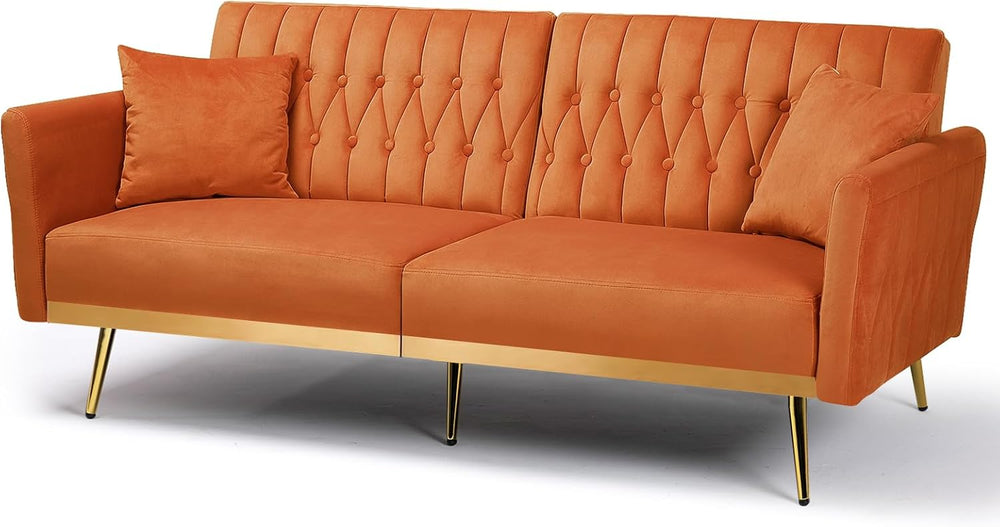70” Velvet Futon Sofa Bed w/Adjustable Armrests, Orange