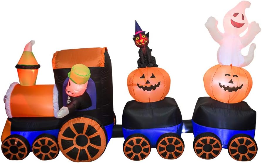AJY 9 Feet Halloween Inflatable Train with Kittens White Ghosts/Pumpkin