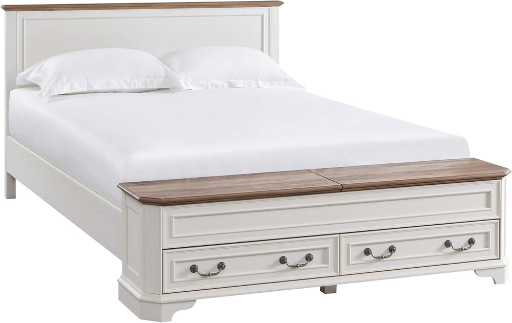 T4TREAM Farmhouse Queen Bed with Headboard and Storage Bench(Antique White)